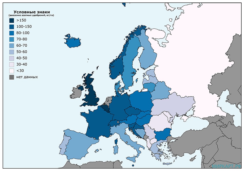 Карта Европы по использованию азотных удобрений